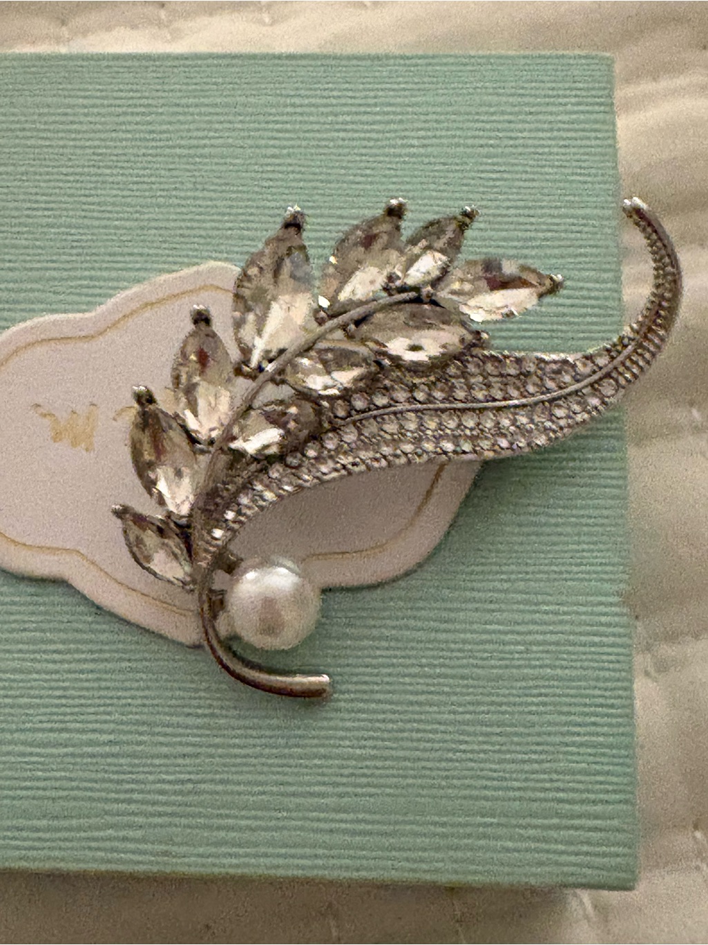 Silver Crystal Leaf Brooch With Pearl Accent - Women Jewelry